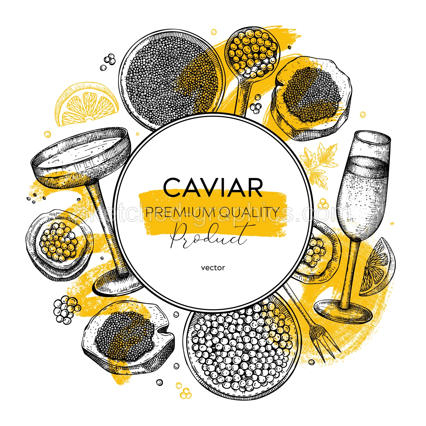 Collage-style seafood background. Caviar and champagne trendy wreath design. With hand drawn red caviar canape, canned black caviar, sparkling wine bottle, glasses sketches and abstract shapes Illustration